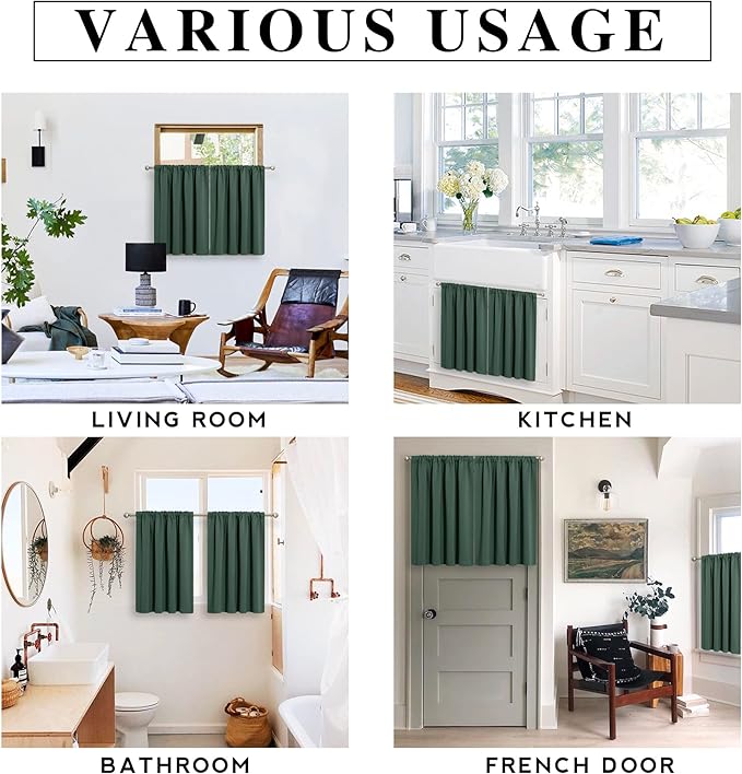 RYB HOME Small Curtains Blackout - Privacy Energy Efficiency Mini Curtains for Kids Bedroom RV Camper Windows Trailer Bathroom Kitchen Cabinet Door Window, W 29 x L 36, Dark Green, 2 Panels