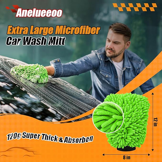 Car Wash Mitt Microfiber, Premium Chenille Microfiber Wash Car Mitts Sponge Scratch Free & Lint-Free, Mitts Waterproof Lining 4 Pack Green (8''X12'')