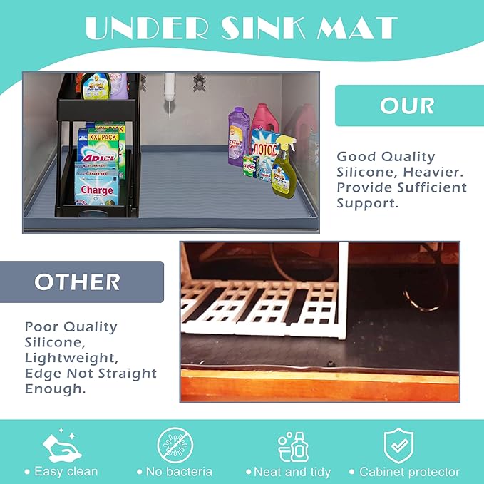 URMONA Waterproof Silicone Under Sink Mat 31'' x 22'' Shelf Liner for Kitchen and Bathroom, Cabinet and Counter Protector, Storage and Organizers, Litter Mat, Pet Cat Puppy Essentials(Black)
