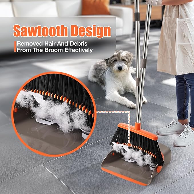 Broom and Dustpan Set, Upgraded Large Broom with Dustpan Combo Set with 56" Tall Adjustable Handle, Self-Cleaning Teeth, Upright Standing Dust Pan for Heavy Duty Indoor Outdoor Cleaning and Pet Hair