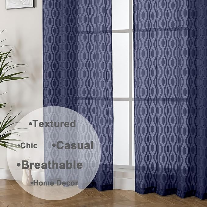 Aiyufeng Extra Long Sheer Curtains 96 Inches Long for Bedroom 2 Panels Set, Modern Light Filtering Wavy Line Clip Jacquard See Through Curtains for Bedroom Living Room, Navy Blue, 40" Wx96 L Inches
