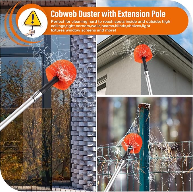 30FT Reach Cobweb Duster with Extension Pole,Spider Web Brush for Cleaning with 5-24FT Telescoping Pole,5-Stage Lightweight & Sturdy Telescopic Web Cobweb Duster Pole for Outdoor Indoor Use