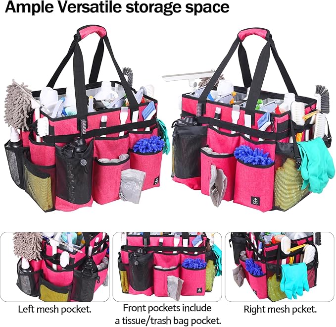 Extra Large Rolling Cleaning Caddy Bag with Detachable, Foldable Trolley Portable Cleaning Cart for Housekeeping Cleaning Caddy with Adjustable Shoulder Strap and Multiple Storage Pockets