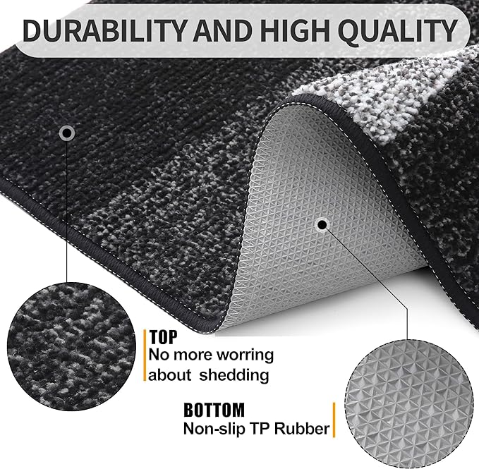 Kitinjoy Indoor Outdoor Door Mat, 47x20 Non-Slip Absorbent Dirt Trapper, Low-Profile Washable Inside Entrance Front Floor Mat, Sturdy Soft Entry Doormats for Entryway, Black