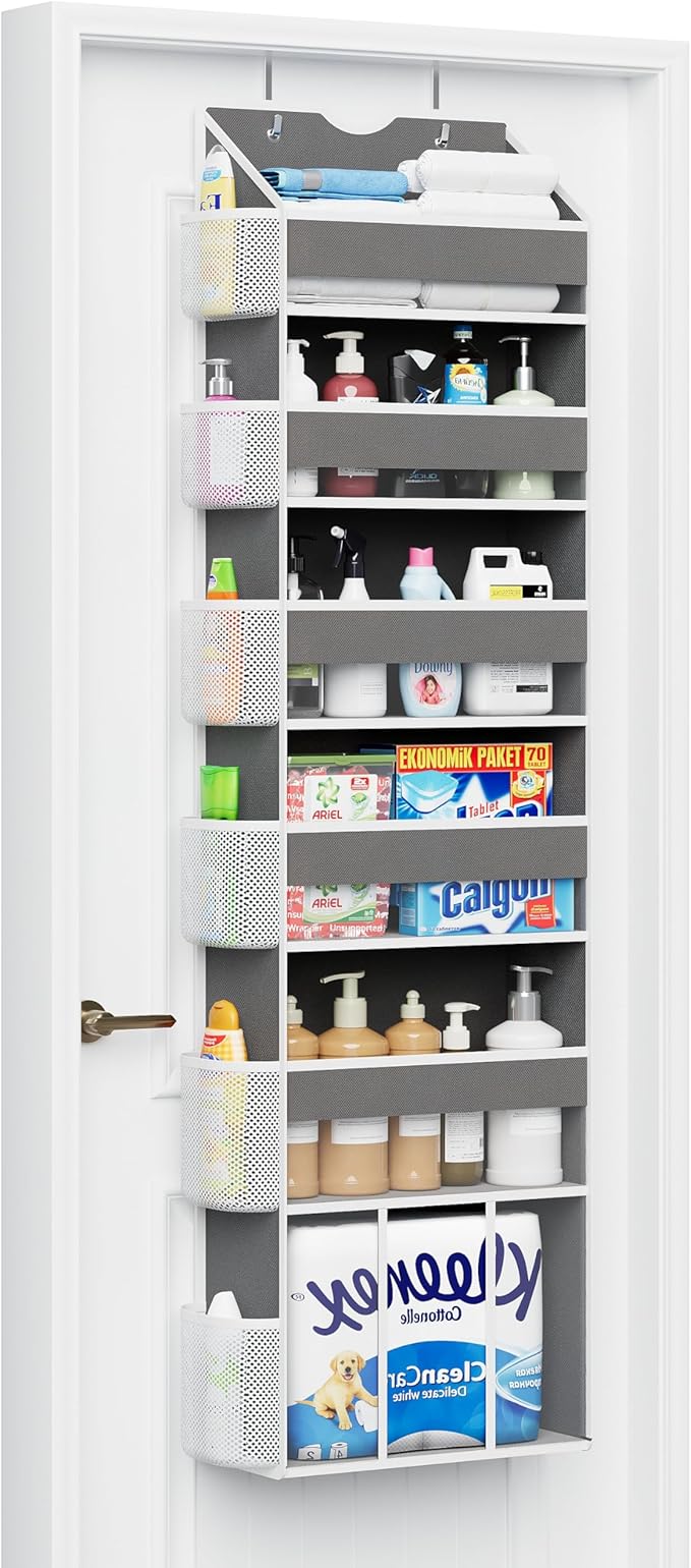 Over The Door Organizer Hanging - 6 Shelf Over Door Organizers with 6 Clear Front & 12 Side Pockets - Swing-proof 50LB Load Behind Door Storage for Closet Bedroom Bathroom Nursery Baby Essentials