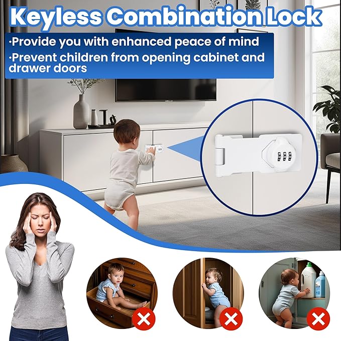 Keyless Cabinet Lock with Combination Code - 3-Digit Password Hasp Latch Lock for Drawers, Bifold Closet Door and Double Sided Door (White, 4.5 Inch)
