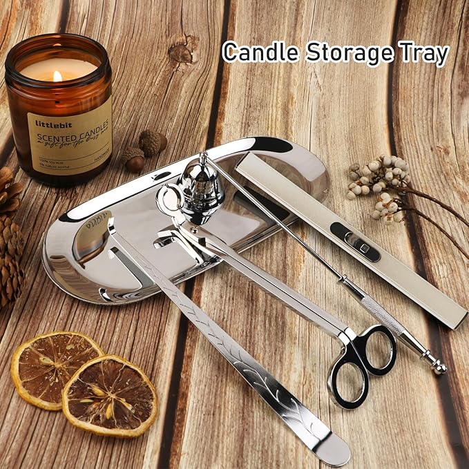 5 in 1 Candle Accessory Set, Candle Wick Trimmer Cutter, Candle Snuffer & Candle Wick Dipper,USB Rechargeable Lighter, Storage Tray Plate for Candle Lover Mom Gift, Candle Care Kit (Silver)