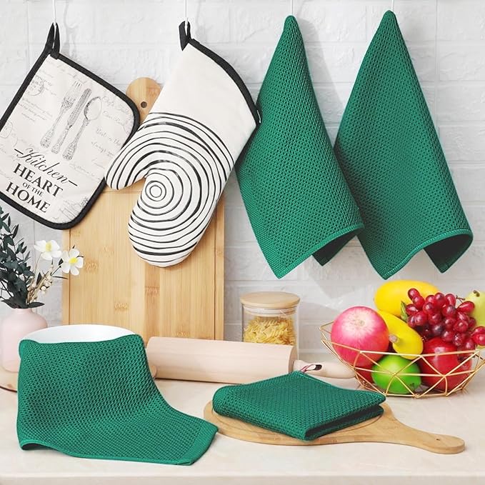 Homaxy 100% Cotton Waffle Weave Kitchen Dish Cloths, Ultra Soft Absorbent Quick Drying Dish Towels, 12 x 12 Inches, 6-Pack, Dark Green