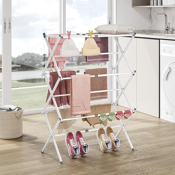 APEXCHASER Clothes Drying Rack, 3-Tier Laundry Drying Rack for Clothes, Expandable Metal Clothing Dryer, Collapsible Towel Rack, Air Drying Rack, White