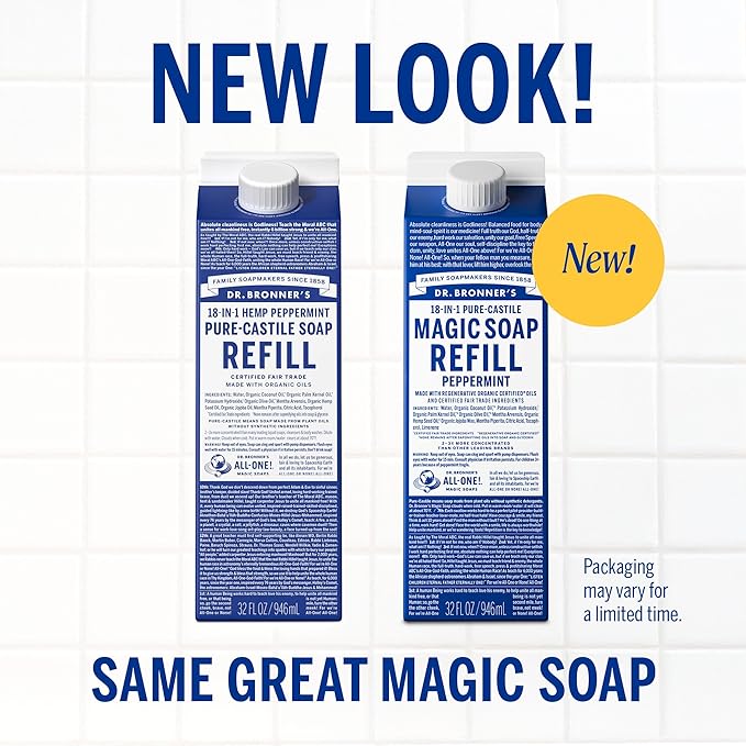 Dr. Bronner's Pure-Castile Liquid Magic Soap Refill - Made with Regenerative Organic Certified Oils, 86% Less Plastic - 18-in-1 Uses for Face, Body Wash, Hand Soap Refill & More - Peppermint, 32oz