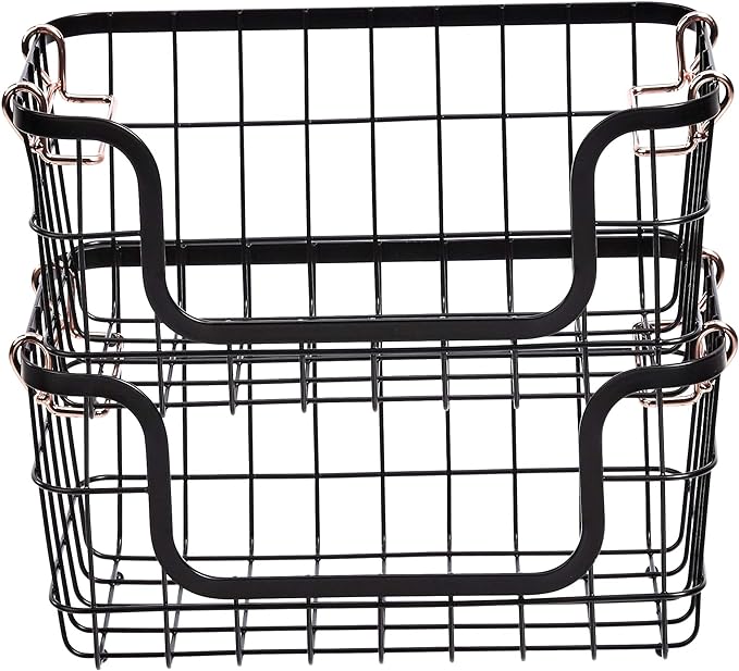 Amazon Basics Stackable Metal Wire Rectangular Storage Basket Set For Kitchen or Bathroom, 2 Count, Black