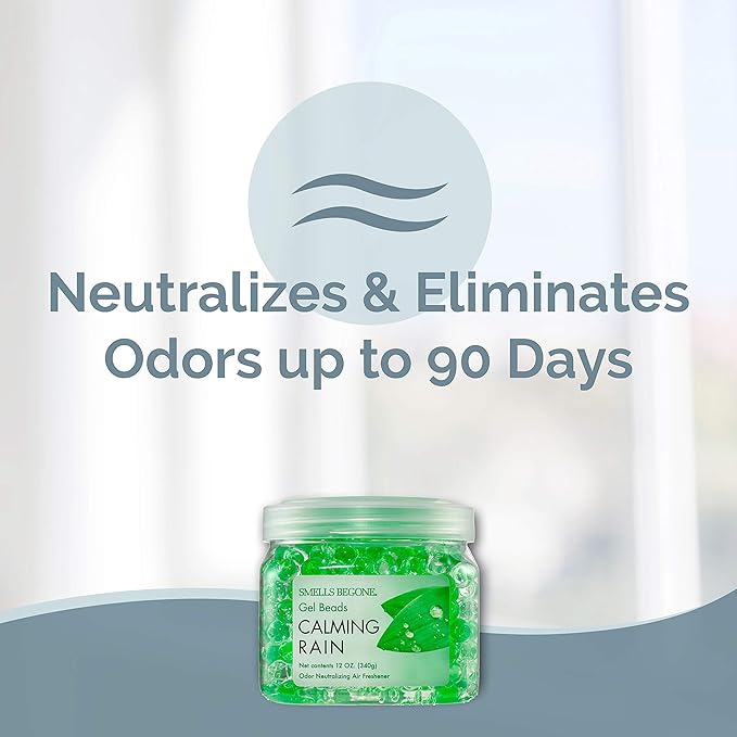 SMELLS BEGONE Odor Eliminator Gel Beads - 12 oz, Pack of 2 - Eliminates Odor in Bathrooms, Cars, Boats, RVs & Pet Areas - Air Freshener - Made with Essential Oils - Calming Rain Scent