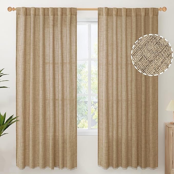 YoungsTex Burlap Linen Semi Sheer Curtains 72 Inch Length for Living Room, Semi Sheer Window Treatments Light Filtering with Rod Pocket Back Tab for Farmhouse Bedroom, Toffee, 2 Panel, 52 X 72 Inch