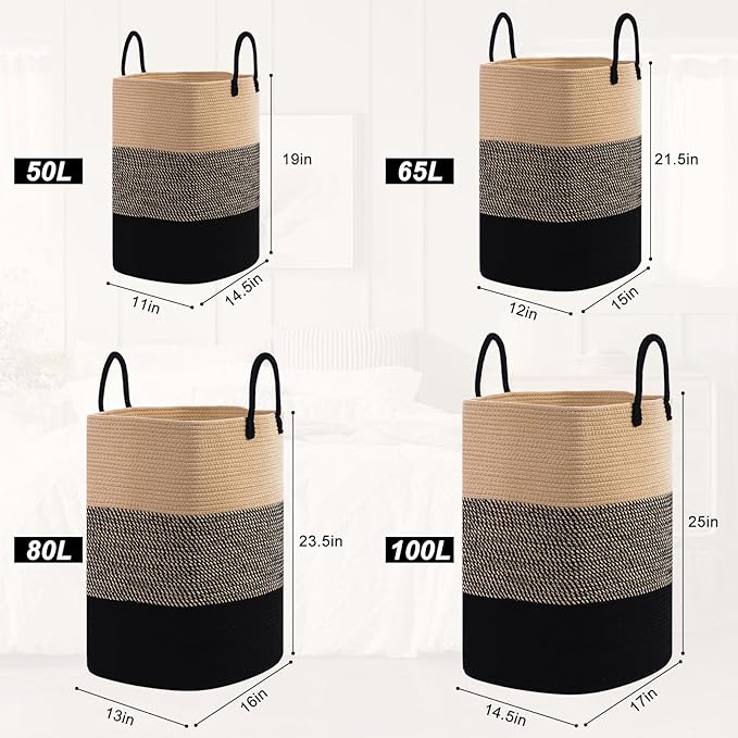 Woven Laundry Basket for Clothes, 65L Large Rectangle Laundry Hampers with Beads Tassel, Nursery Storage Basket for Toys, Tall Dirty Clothes Hamper for Bedroom Aesthetic, Laundry Room Organization