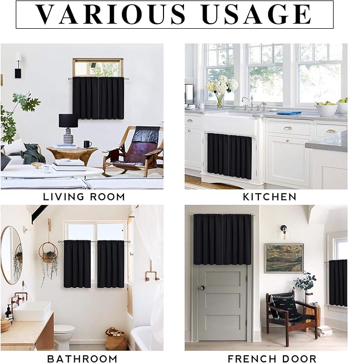 RYB HOME Small Curtains for Kitchen Window - Blackout Privacy Portable Curtain Set for Bedroom Office Bathroom Basement Garage Storage Enclosure RV Bunk, W 34 x L 30 inch, Black, 2 Pcs