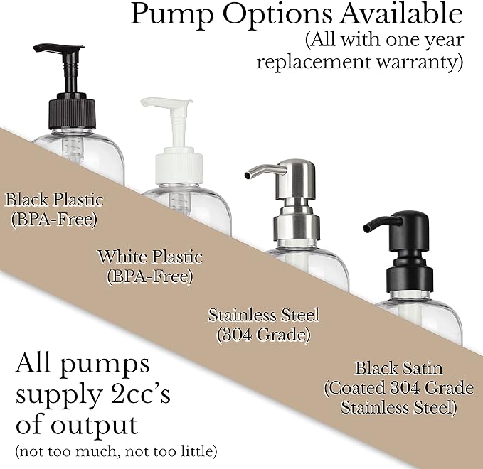 Refillable Clear PET Plastic 16 oz Body Wash Bottle with Black Plastic Pump Dispenser - Chrome Accent Waterproof Labeled Bottle