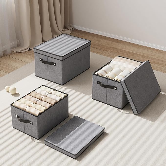 Clothing Storage Bins, Blanket Baskets for Shelves, Fabric Cubes with Handles and Lids, Decorative Linen Closet Organizers Boxes, Gray, 1 Pack, 16.5 x 11.8 x 10.2 Inch