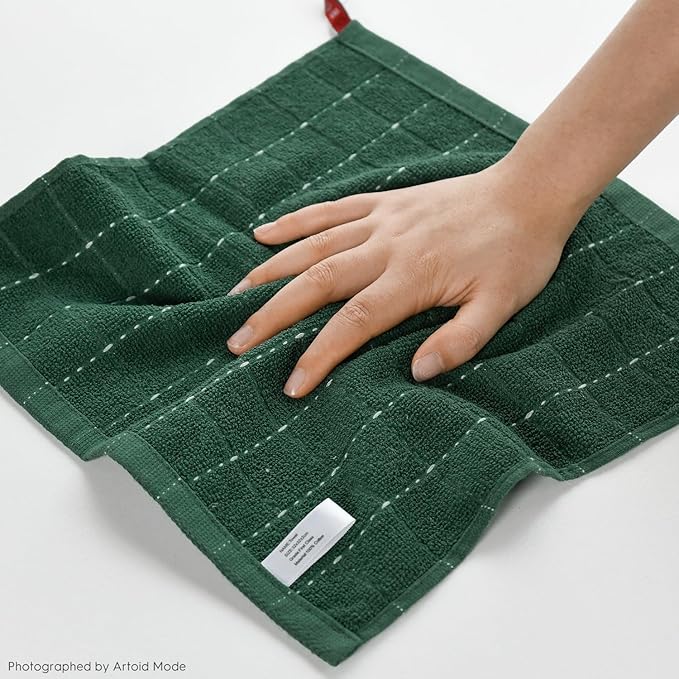 Artoid Mode Checkered Designed Cotton Green Terry Kitchen Dish Cloths, 12x12 Inch Soft Absorbent Quick Drying Cleaning Kitchen Rags Set of 6