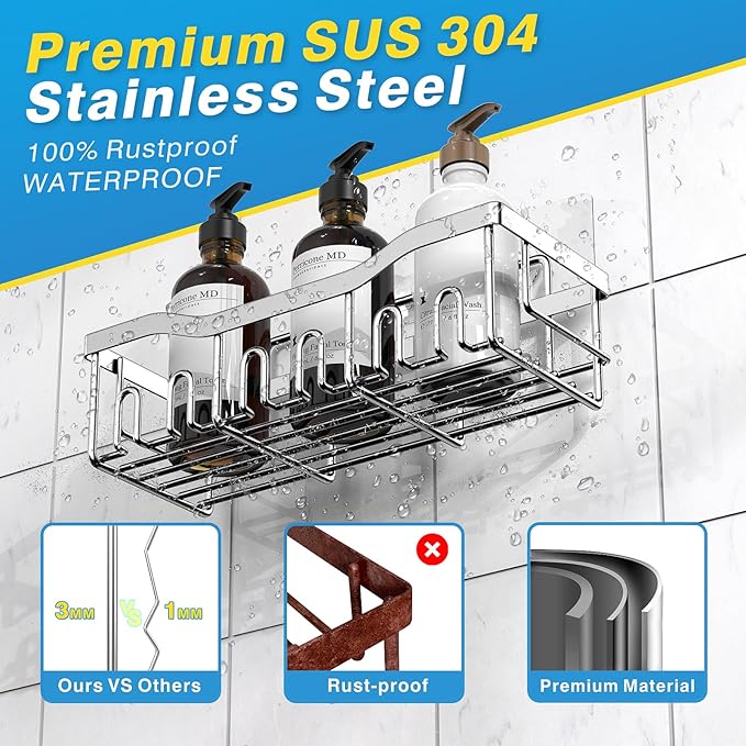 EUDELE 5-Pack Rustproof Stainless Steel Shower Caddy – No Drill Adhesive Bathroom Organizer with Large Capacity, Spacious Shower Shelves for Inside Shower, Kitchen & Home Decor Storage-XL Size