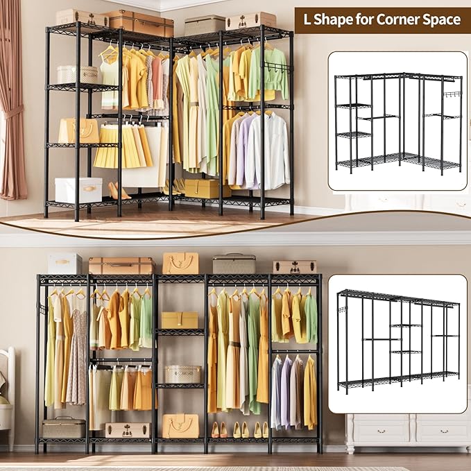 L Shaped Heavy Duty Metal Clothes Rack for Hanging Clothes,Freestanding Garment Rack Closet Wardrobe Rack Clothing Rack with 4 Hanging Rods & 1 Side Hook,50"Lx 50"Wx 76.4"H,Max Load 1100LBS
