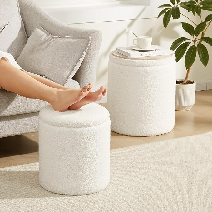 Boucle Round Ottoman with Storage Set of 2,Small Foot Stool Ottoman for Living Room, Small Coffee Table,Vanity Stool with Storage for Bedroom, White