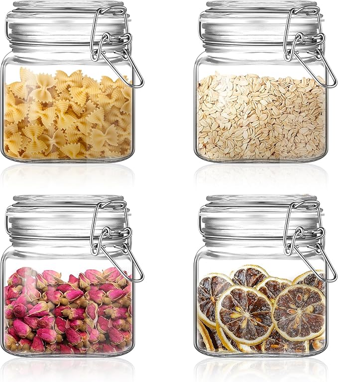 Glass Food Storage Jars with Airtight Lids 13 oz Square 4 Pack Kitchen Storage Containers Small Cabinet Canisters Sealed Pot Canning for Pasta, Cereal, Coffee, Beans, Spice
