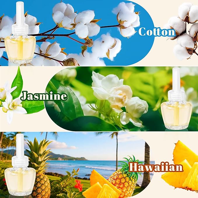 Plug in Air Fresheners Refills, Essential Oil Scented Refill with 2 Warmer, Jasmine, Hawaiian, Cotton, Long Lasting Home Fragrance for Bathroom, Compatible with Airwick, Compatible with Glade