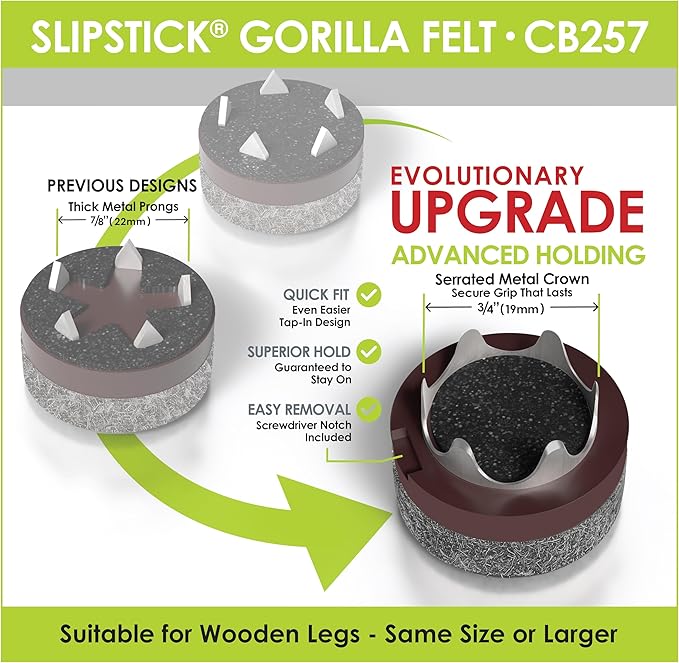 GorillaFelt Chair Leg Floor Protectors/Felt Chair Glides (Set of 16) Tap-On Felt Furniture Pads Guaranteed to Stay On, 1 Inch Round Chair Sliders