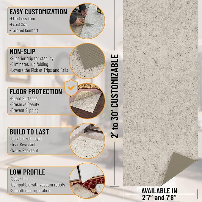 Ottomanson 2'7" x 11' Non-Slip Rug Pad Gripper 1/12 Inch Ultra Thin Dual Surface Felt + Rubber Gripper - Safe for All Floors, Cream