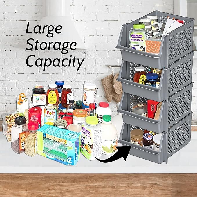 Skywin Plastic Stackable Storage Bins for Pantry, 12 Pack Stackable Bins For Organizing Food, Kitchen, and Bathroom Essentials (Grey)