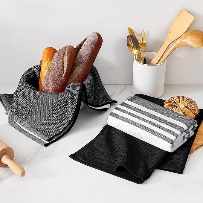 Homaxy Premium Kitchen Towels(18”x 28”, 12 Pack), Large Cotton 380 GSM Kitchen Hand Towels, Soft and Absorbent Terry Dish Towels, Multipurpose Tea Towel Set with Hanging Loop, Black