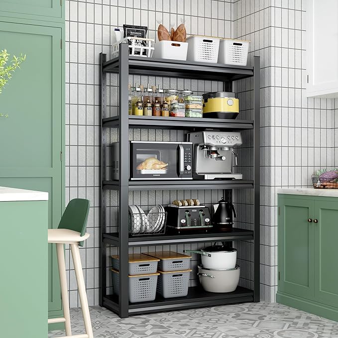 72" H Garage Shelving, Metal Storage Shelves, Adjustable 5 Tier Storage Rack, Heavy Duty Shelving, Industrial Utility Shelf for Garage, Warehouse, Bedroom, Kitchen,16" D×36" W×72" H, Black