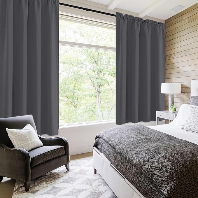 DWCN Bedroom Curtains Blackout Drapery Panels 54 Inch Length 2 Panels Set, Three Pass Microfiber Thermal Insulated Energy Saving Rod Pocket Window Treatment Drapes (W42 x L54 Inch, Dark Grey)