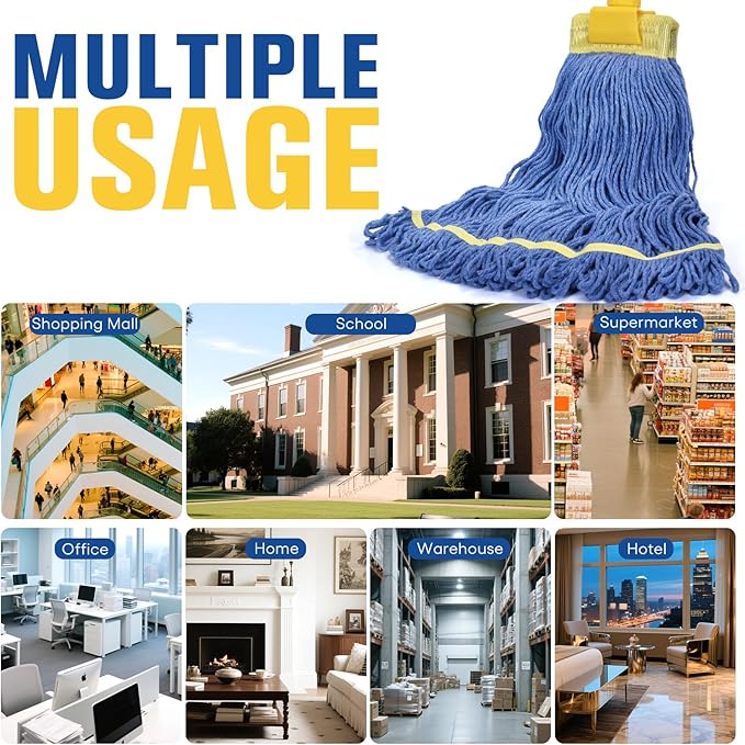 Matthew Cleaning Commercial Mop Head Replacement, 5 Inch Wide Headband, Looped End Cotton Blend String Wet Mops for Floor Cleaning, 24 oz Large, 3-Pack Blue