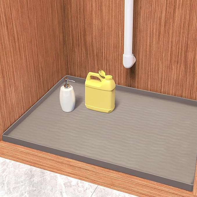 URMONA Waterproof Silicone Under Sink Mat 25'' x 22'' Shelf Liner for Kitchen and Bathroom, Cabinet and Counter Protector, Storage and Organizers, Litter Mat, Pet Cat Puppy Essentials(Beige)