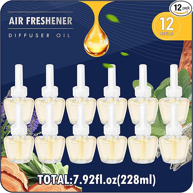 Plug-In Air Freshener Refills 12 Count - Palo Santo & Eucalyptus, Baby Powder Scent For Rooms & Bathrooms Office Wall Plug-In Refills, Compatible with Air Wick,Compatible with Glade
