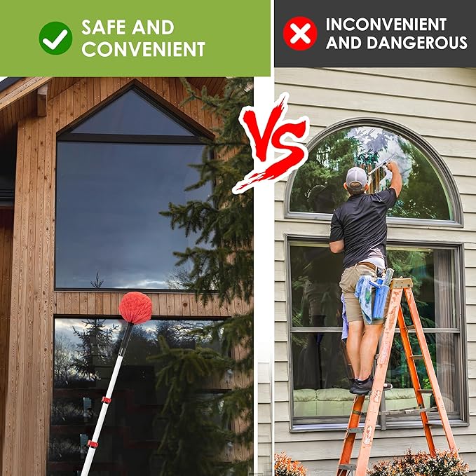 6-24 FT Cobweb Duster with Extension Pole, 30 FT High Reach Spider Web Brush with Telescopic Pole, Extendable Duster with 2 Outdoor Cobweb Brushes, Duster for High Ceiling