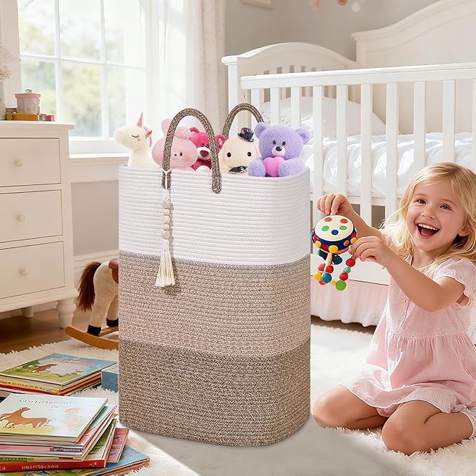 Woven Laundry Basket for Clothes,100 L Large Rectangle Laundry Hampers with Beads Tassel, Nursery Storage Basket for Toys, Tall Dirty Clothes Hamper for Bedroom Aesthetic, Laundry Room Organization