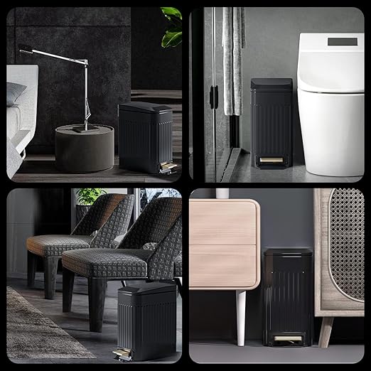 CEROELDA Small Bathroom Trash Can with Lid Soft Close-5L/1.3 Gal Slim Garbage Can-Metal Step Wastebasket-Rectangle Narrow Waste Bin for Office, Bedroom, Toilet, Live Room (Embossed-Black)