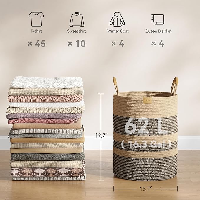 62L Striped Laundry Hamper with Leather Handles,Large Foldable Laundry Basket for Clothes,Cotton Rope Storage Bin for Blankets,Woven Clothes Basket for Bedroom,Dark Brown Stripes