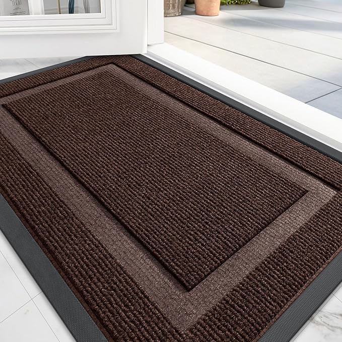 OLANLY Front Door Mat Indoor Outdoor Entrance, Waterproof All-Season, All-Weather Doormat, Sturdy Natural Rubber, Fade Resistant, Low Profile, Easy Clean Patio Porch Entryway Mat, 59x23, Dark Brown