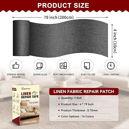 Linen Repair Tape 4x79 inch, Self Adhesive Fabric Patches, Linen Patch Tape Kit, Fabric Repair Tape for Couch Sofas, Headboards, Chairs, Pillows, Curtains, Couches - Black Grey