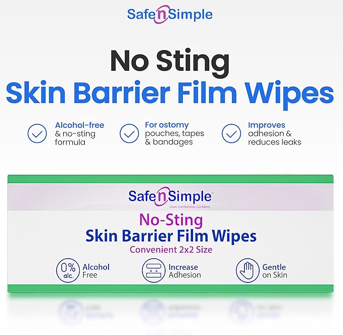 Safe n' Simple No Sting Skin Prep Wipes - 100 Individual Ostomy Barrier Film 2.4" x 2.4" - Skin Barrier Film Wipes for Ostomy - Protective Sting Free Skin Barrier