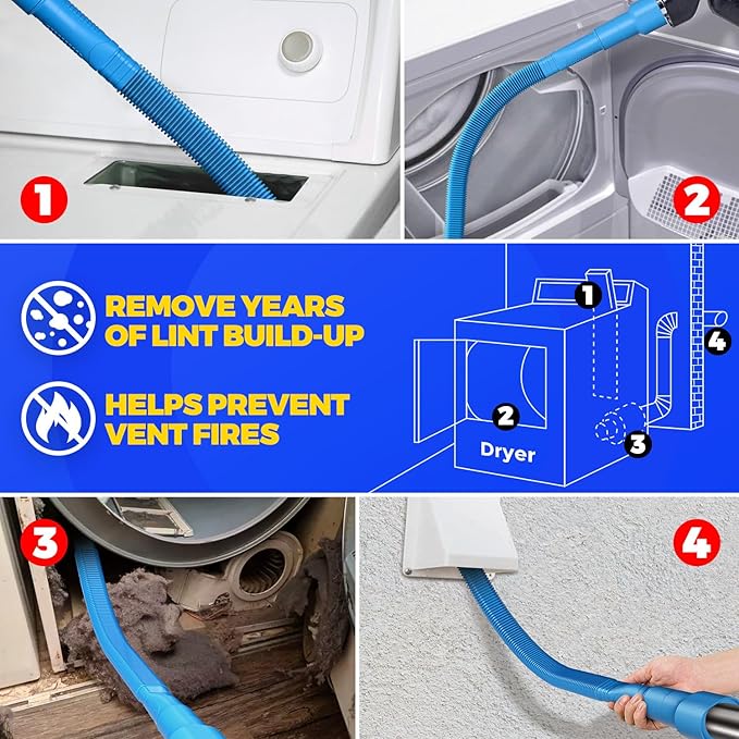 Holikme 50 Pieces 32 Feet Dryer Vent Cleaner Kit, Dryer Cleaning Tools, Include Dryer Vent Brush, Omnidirectional Blue Dryer Lint Vacuum Attachment, Dryer Lint Trap Brush, Vacuum & Dryer Adapters