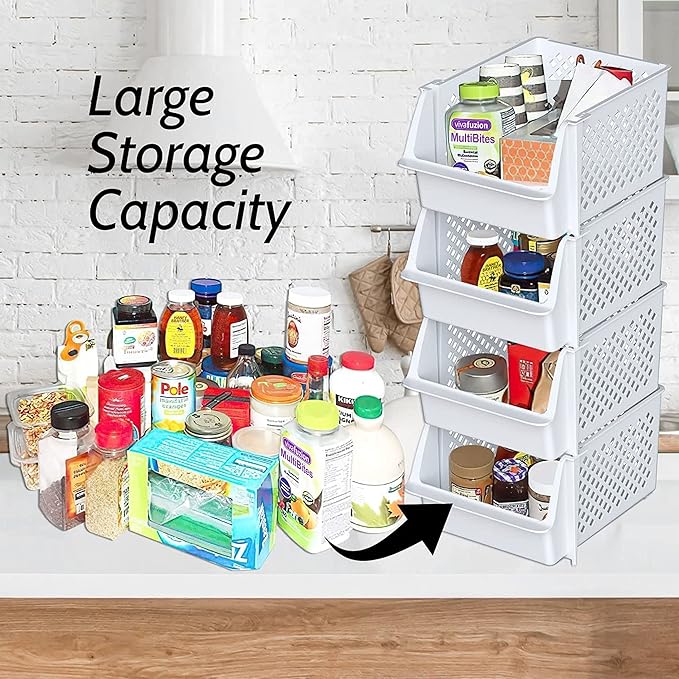 TidyFriend Plastic Stackable Storage Bins for Pantry - 12 Pack Stackable Bins for Organizing Food, Kitchen, and Bathroom Essentials (White)