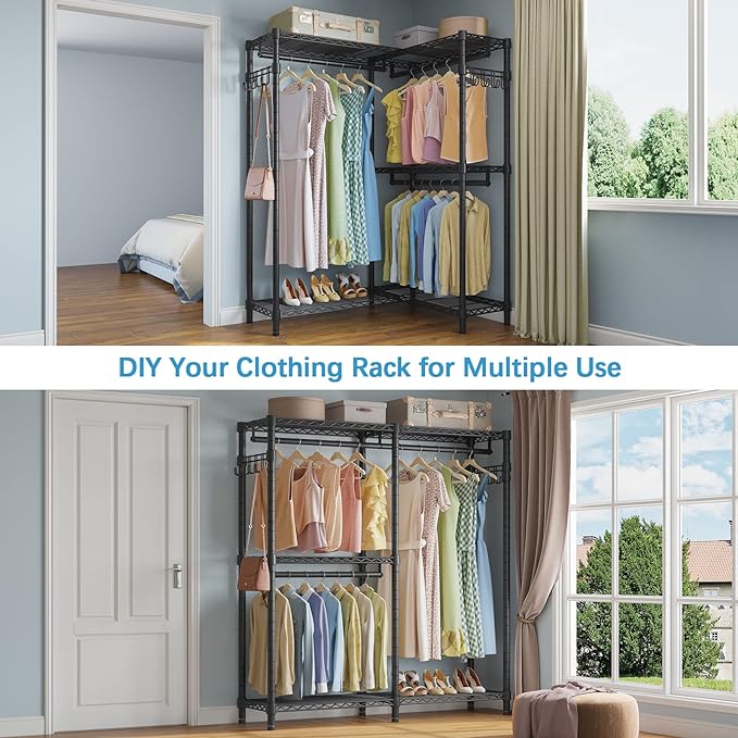 VIPEK L4 Garment Rack L Shaped Clothes Rack for Corner, Freestanding Portable Wardrobe Closet Heavy Duty Clothing Rack with 3 Hanging Rods & 2 Side Hooks, 43.3"Lx29.1"Wx76.4"H, Max Load 810LBS, Black
