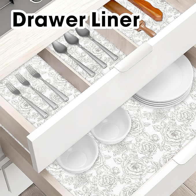 Drawer and Shelf Liner for Kitchen Cabinets Non-Adhesive, Non-Slip Cabinet Liner Shelf Paper Strong Grip Waterproof Easy to Clean for Kitchen Shelves Cupboard, Flower,23.6IN X 30FT