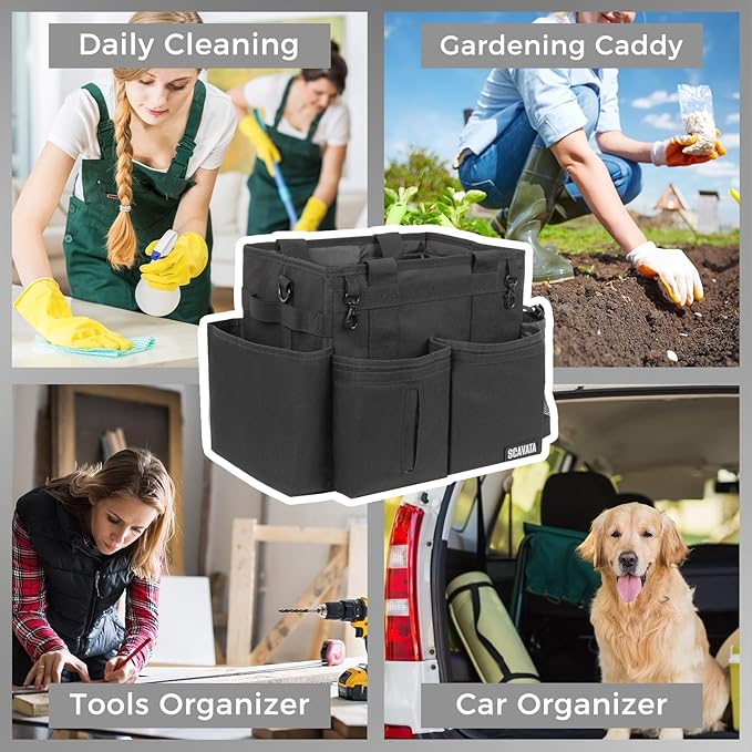 Compact Wearable Cleaning Caddy, Small Supplies Organizer with Handle & Shoulder Straps for Housekeepers, Under Sink & Car Cleaning Tool Organizer Bag (Black)