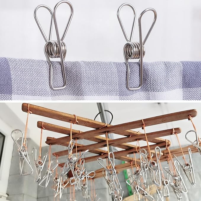 50 Pcs Clothespins Laundry Chip Clips - Durable Stainless Steel Clothes Pins,Heavy Duty Clamp Metal Wire Clothes Pegs with One Storage Bag & 2 Hooks,for Outdoor Clothesline Home Kitchen Office