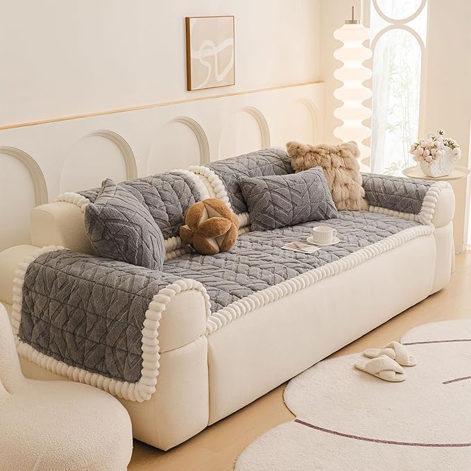 OTOB Pet Couch Covers for 3 Cushion Couch Sofa, Washable & Non Slip Fuzzy Plush Sofa Cushion Covers, All Seasons Geometric Jacquard Modern Soft Dog Bed Mat Slipcovers Protector (Gray, 27.6"x70.9")